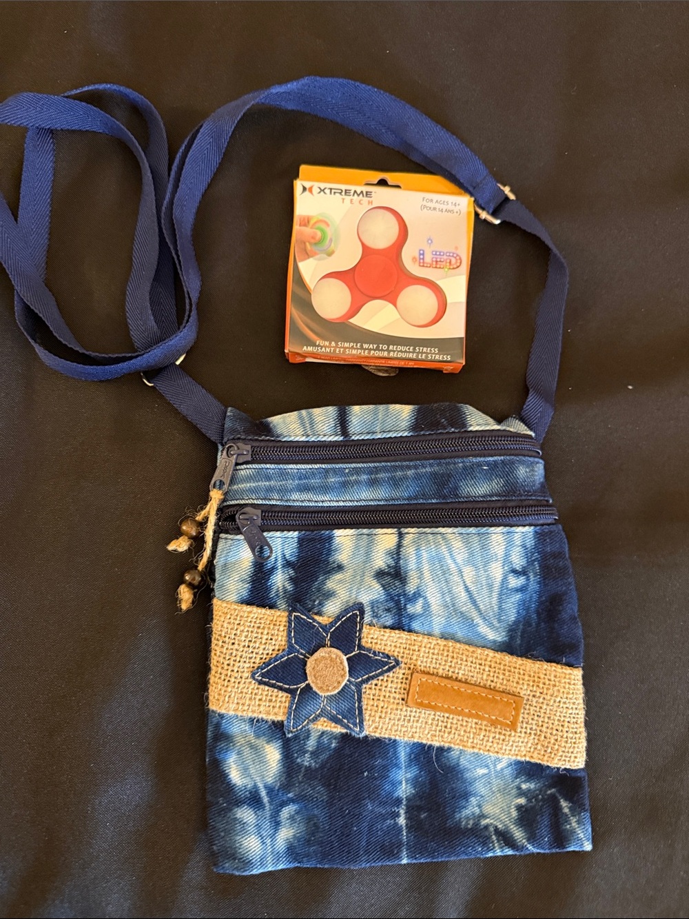 Crossbody Bag Blue Tye dye with Star Accent- with bonus spinner
